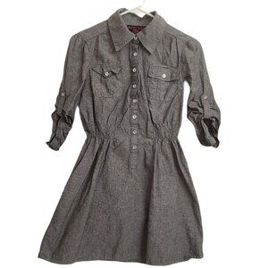 Mascara Dress Junior Medium Gray Woven Mini Roll Tab Sleeve Collar Elastic Waist